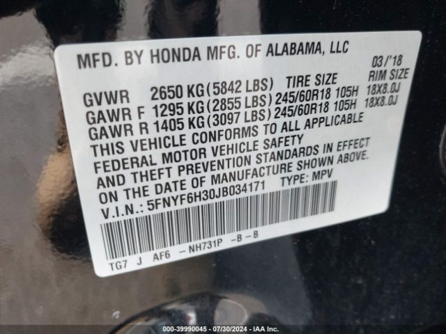 5FNYF6H30JB034171 Honda Pilot Ex