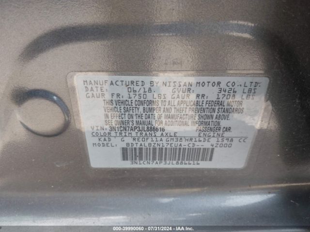 3N1CN7AP3JL886616 Nissan Versa 1.6 Sv
