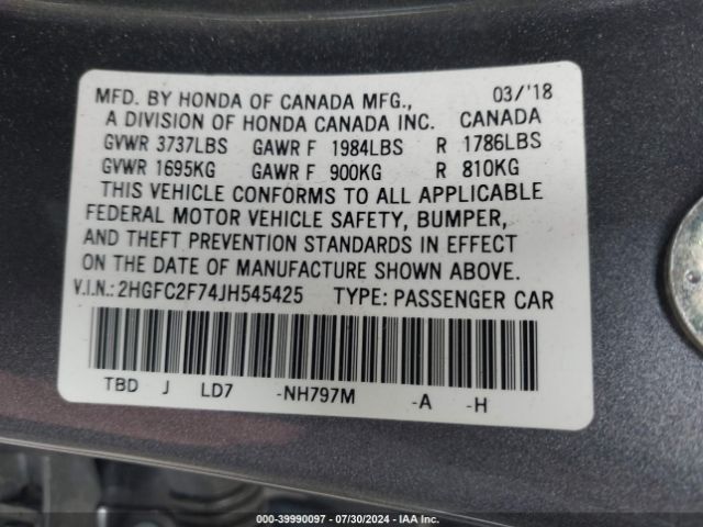 2HGFC2F74JH545425 Honda CIVIC EX