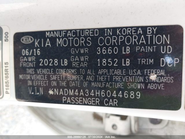KNADM4A34H6044689 KIA RIO LX