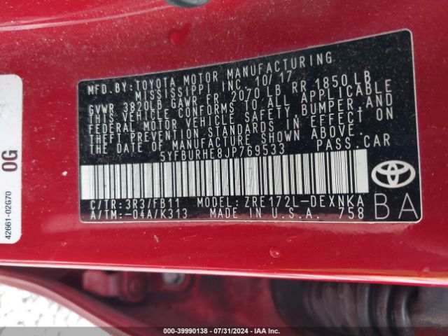 5YFBURHE8JP769533 Toyota COROLLA LE