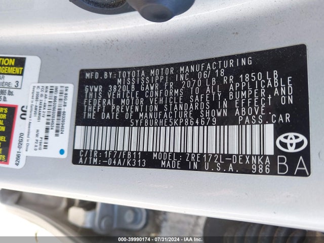 Toyota COROLLA LE 2019 5YFBURHE5KP864679 Image 9
