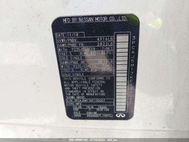 3PCAJ5M17KF130007 Infiniti Qx50 Luxe
