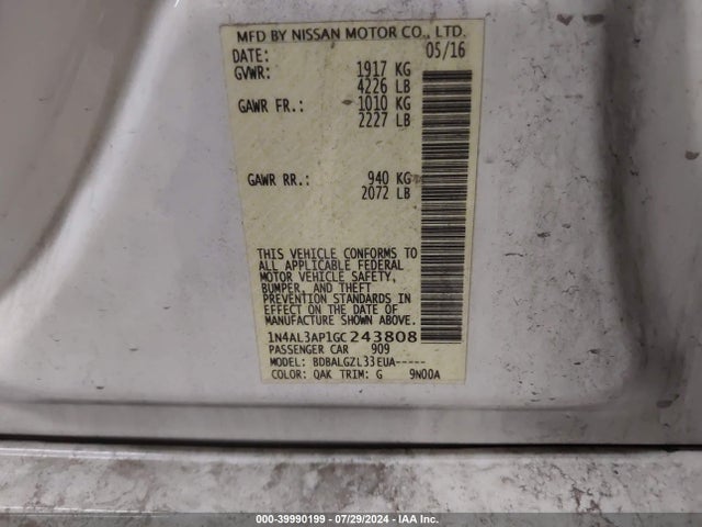 Nissan Altima 2.5/2.5 S/2.5 Sl/2.5 Sr/2.5 Sv 2016 1N4AL3AP1GC243808 Image 9