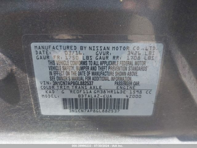 3N1CN7AP8GL882537 Nissan Versa 1.6 S+