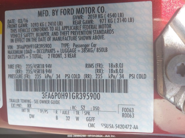 Ford FUSION SE 2016 3FA6P0H91GR395900 Image 9