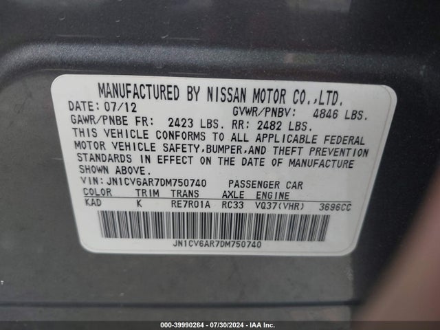 Продажа на аукционе авто 2013 Infiniti G37x, vin: JN1CV6AR7DM750740, номер лота: 39990264