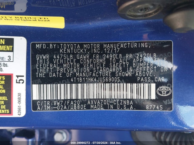 Toyota CAMRY LE 2018 4T1B11HK4JU569005 Image 9