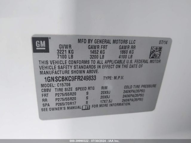 1GNSCBKC9FR249833 Chevrolet Tahoe Lt