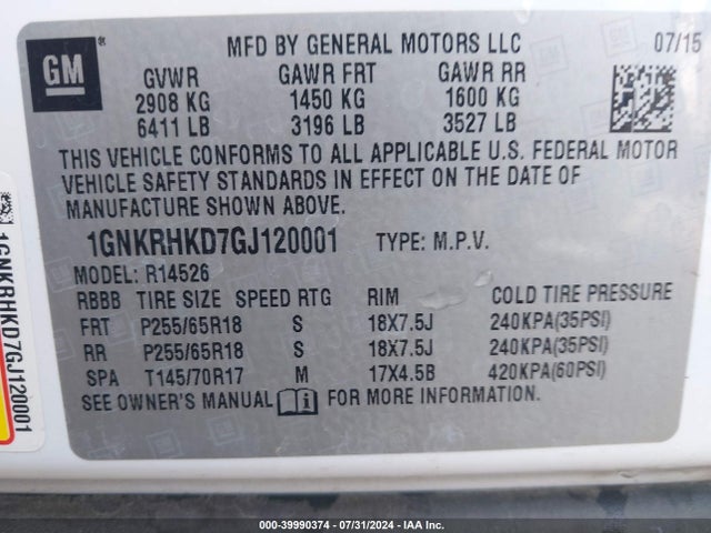 Chevrolet Traverse 2lt 2016 1GNKRHKD7GJ120001 Image 9
