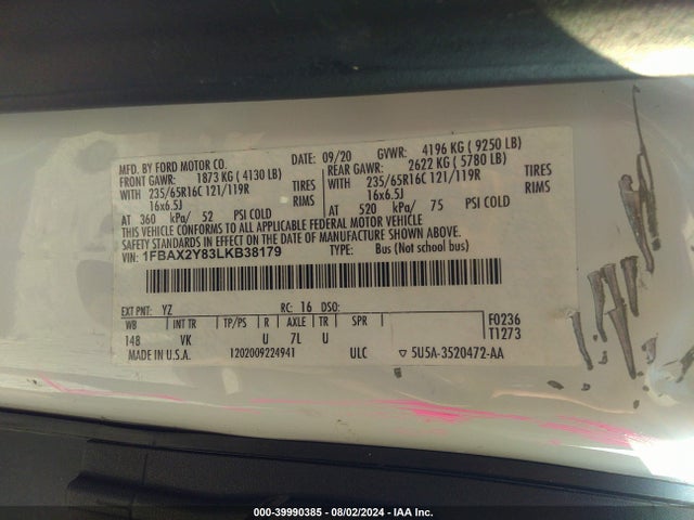 Ford Transit-350 Passenger Van Xl 2020 1FBAX2Y83LKB38179 Image 9