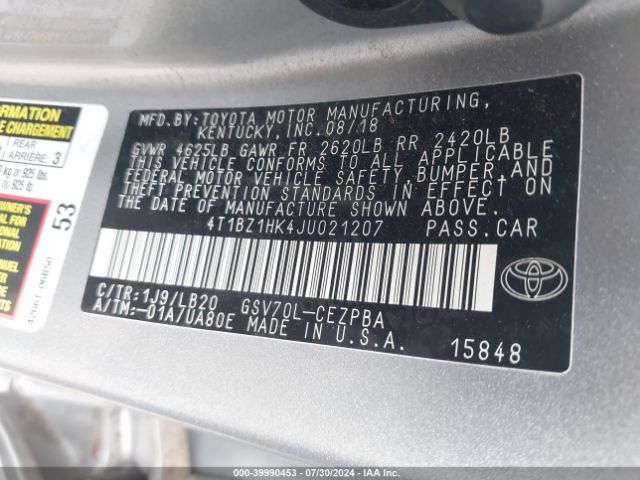 4T1BZ1HK4JU021207 Toyota Camry Xse V6