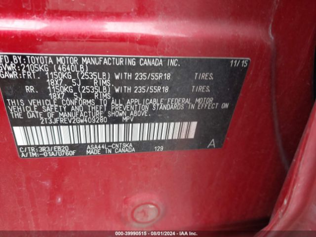 2T3JFREV2GW409280 Toyota RAV4 SE