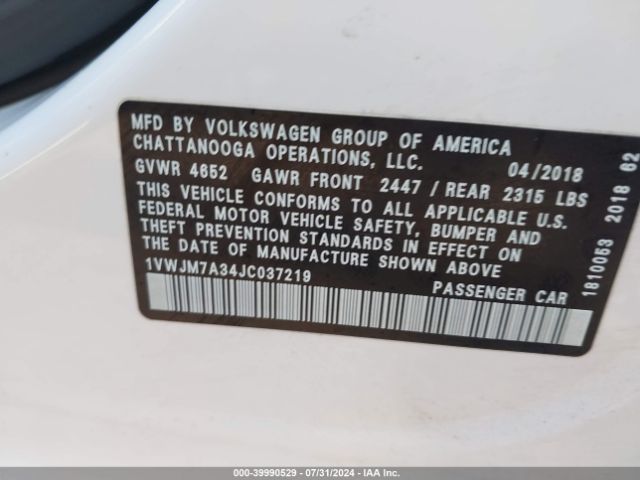 1VWJM7A34JC037219 Volkswagen Passat 3.6l V6 Gt