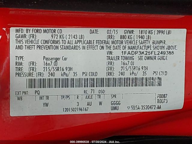 1FADP3K25FL249386 Ford FOCUS SE