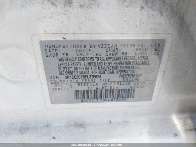 3N1CE2CP9FL375628 Nissan Versa Note S (sr)/s Plus/sl/sr/sv