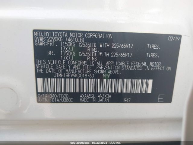 JTMH1RFV9KD018760 Toyota RAV4 LE