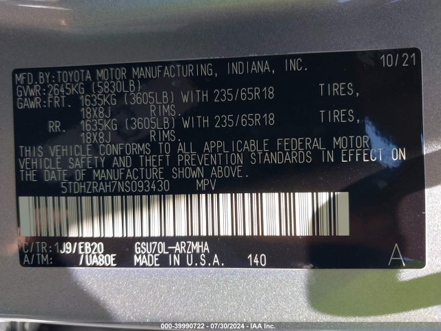 Toyota Highlander Xle 2022 5TDHZRAH7NS093430 Image 9