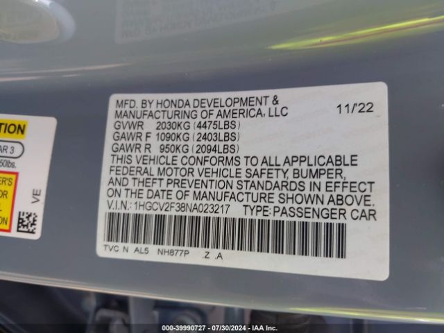 1HGCV2F38NA023217 Honda Accord Sport 2.0t