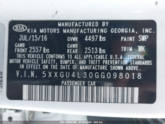 5XXGU4L30GG098018 KIA OPTIMA EX