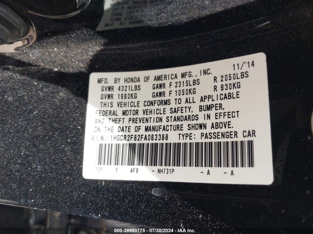 Honda Accord Ex-l 2015 1HGCR2F82FA063388 Image 9