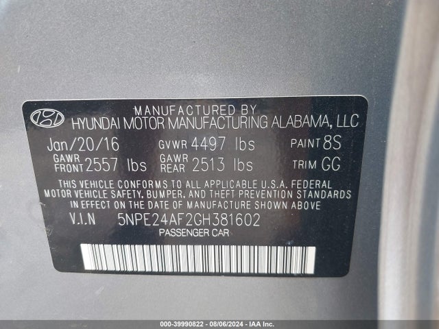Hyundai SONATA SE 2016 5NPE24AF2GH381602 Image 9