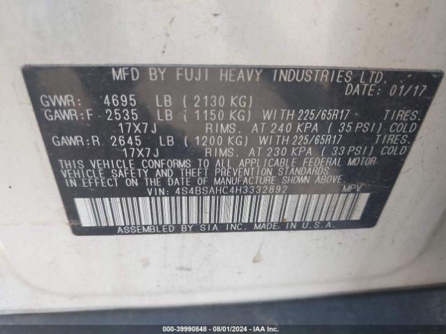 4S4BSAHC4H3332892 Subaru Outback 2.5i Premium