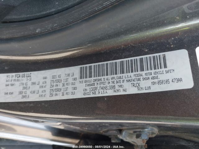 1C6SRFJT4KN513209 RAM 1500 Laramie  4x4 5'7 Box