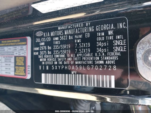 5XYPHDA59LG702728 KIA Sorento 3.3l Ex