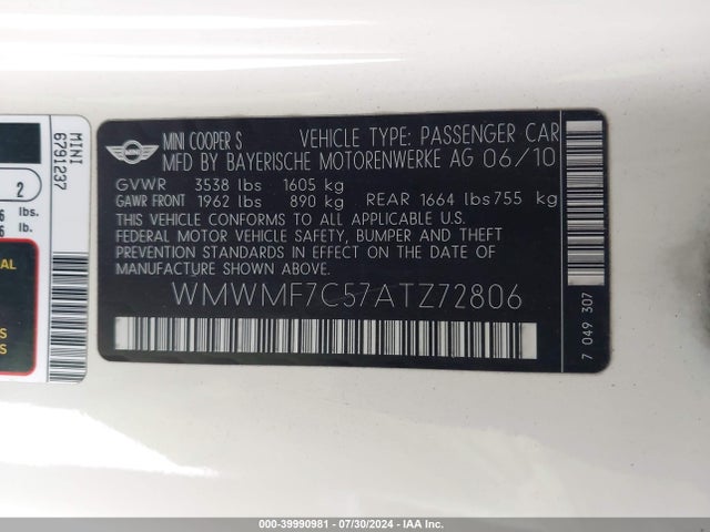 2010 MINI COOPER S WMWMF7C57ATZ72806 Photo 8