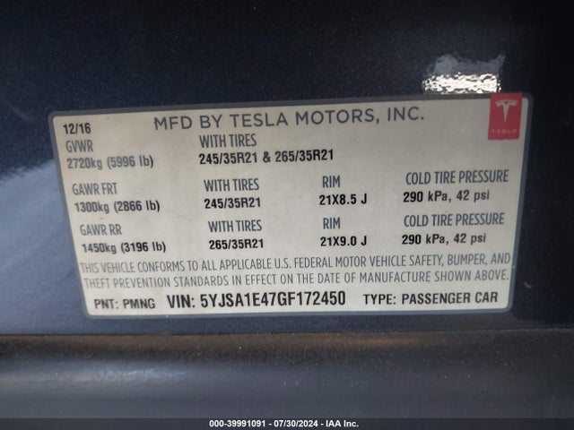 Tesla Model S 90d/p100d/p85d/p90d 2016 5YJSA1E47GF172450 Image 9