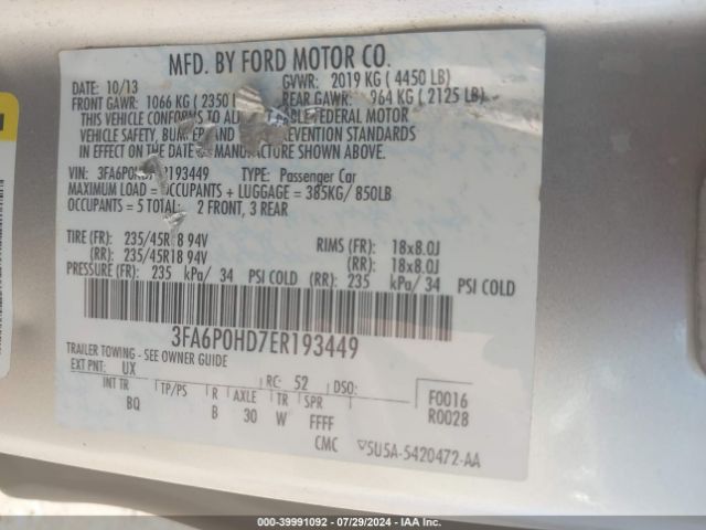 3FA6P0HD7ER193449 Ford FUSION SE