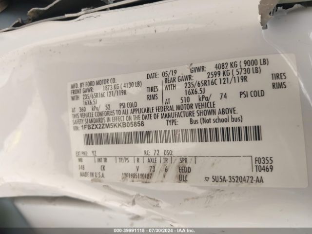 1FBZX2ZM5KKB05858 Ford Transit-350 Xlt