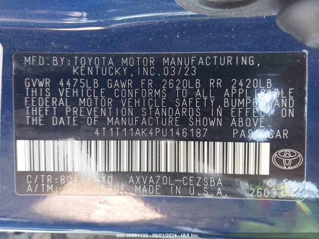 4T1T11AK4PU146187 Toyota CAMRY SE