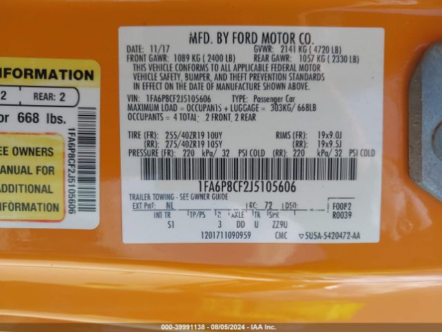 1FA6P8CF2J5105606 Ford Mustang Gt Premium