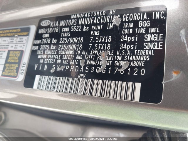 KIA Sorento 3.3l Ex 2016 5XYPHDA53GG176120 Image 9