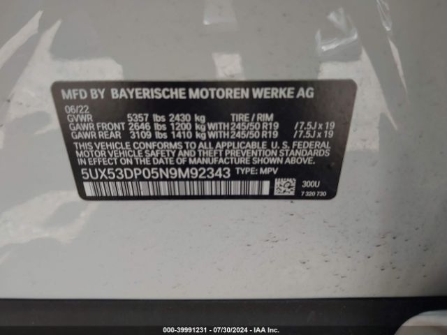 5UX53DP05N9M92343 BMW X3 Xdrive30i