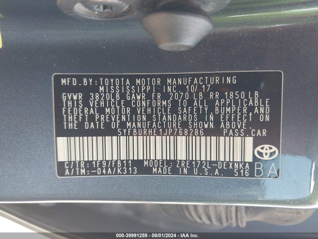 Toyota COROLLA LE 2018 5YFBURHE1JP768286 Image 9