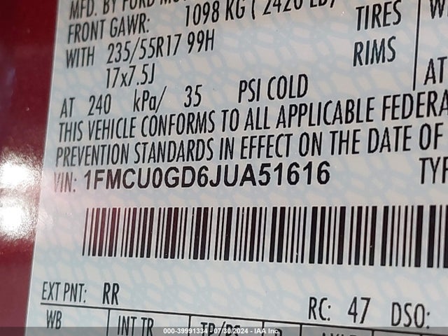 Ford ESCAPE SE 2018 1FMCU0GD6JUA51616 Image 9