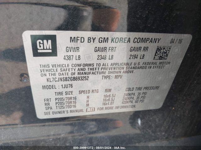 KL7CJNSB2GB693252 Chevrolet Trax 1ls