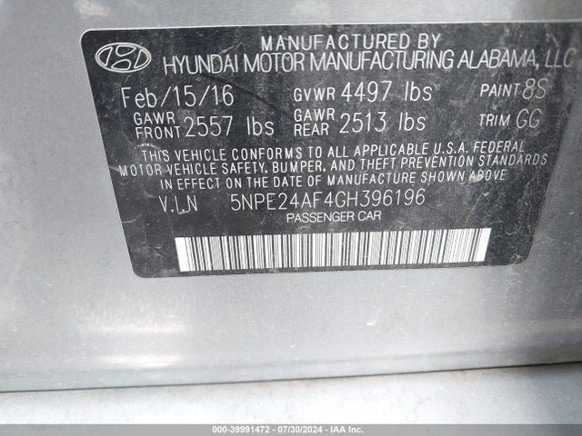 Hyundai Sonata 2016 5NPE24AF4GH396196 Image 9