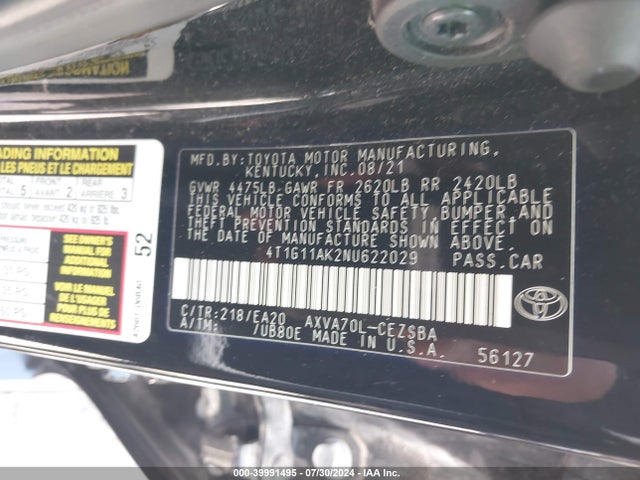 Toyota CAMRY SE 2022 4T1G11AK2NU622029 Image 9