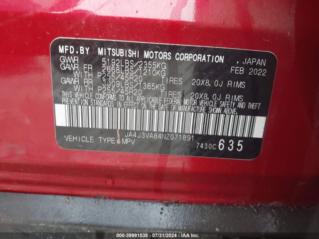 2022 MITSUBISHI OUTLANDER JA4J3VA84NZ071891 Photo 8