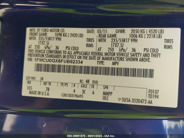 Ford ESCAPE SE 2015 1FMCU0GX8FUB92334 Image 9