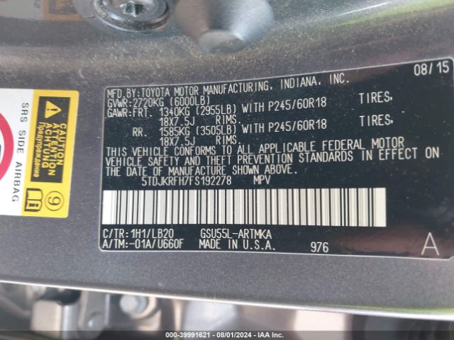 5TDJKRFH7FS192278 Toyota Highlander Xle V6