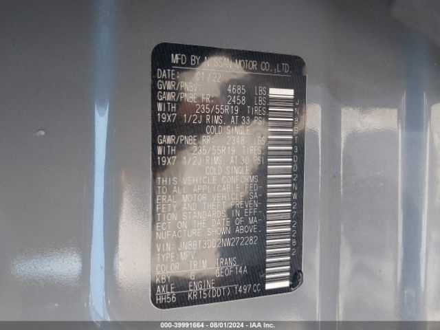 JN8BT3DD2NW272282 Nissan Rogue Platinum Intelligent Awd