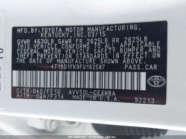 4T1BD1FK9FU162587 Toyota Camry Hybrid Le
