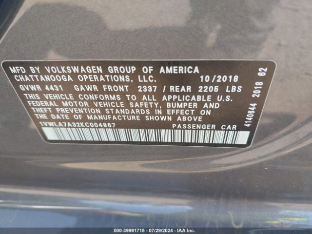1VWLA7A32KC004867 Volkswagen Passat 2.0t Wolfsburg Edition