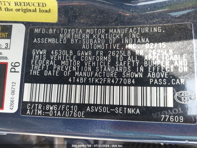 Toyota CAMRY LE 2015 4T4BF1FK2FR477084 Image 9