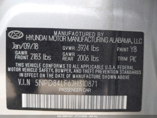 5NPD84LF6JH310871 Hyundai Elantra Value Edition